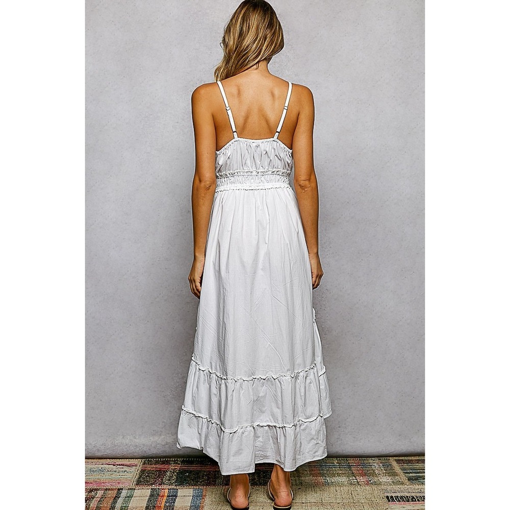 POL Embroidered Detail Tassel Tie Smocked Waist Midi Tiered Cami Dress - Large - Picture 5 of 6